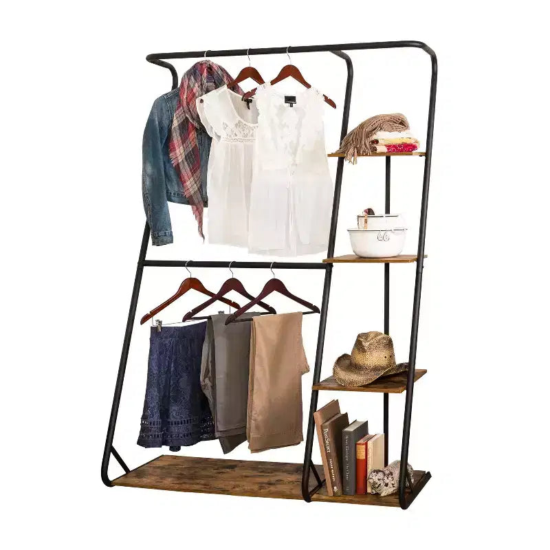 Honey-Can-Do Rustic Z-Frame Wardrobe Racks Brown: Steel Garment & Clothing Rack, Freestanding Closet with 5 Shelves