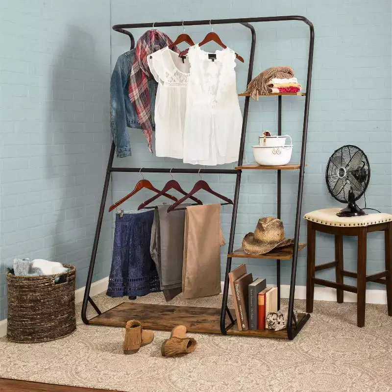 Rustic Z-Frame Wardrobe Racks Brown: Steel Garment & Clothing Rack, Freestanding Closet with 5 Shelves
