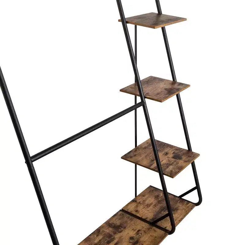 Rustic Z-Frame Wardrobe Racks Brown: Steel Garment & Clothing Rack, Freestanding Closet with 5 Shelves