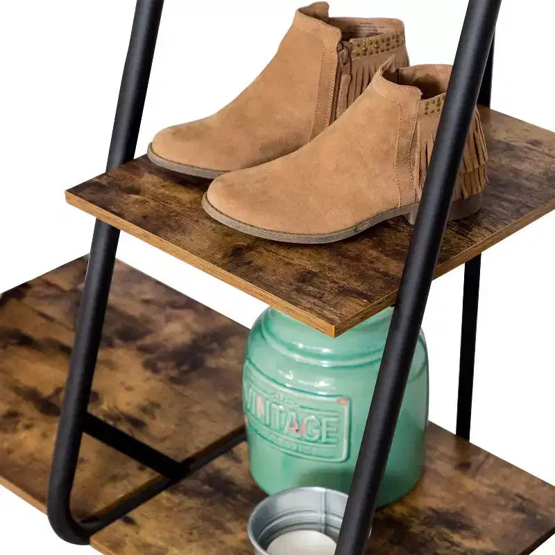 Rustic Z-Frame Wardrobe Racks Brown: Steel Garment & Clothing Rack, Freestanding Closet with 5 Shelves