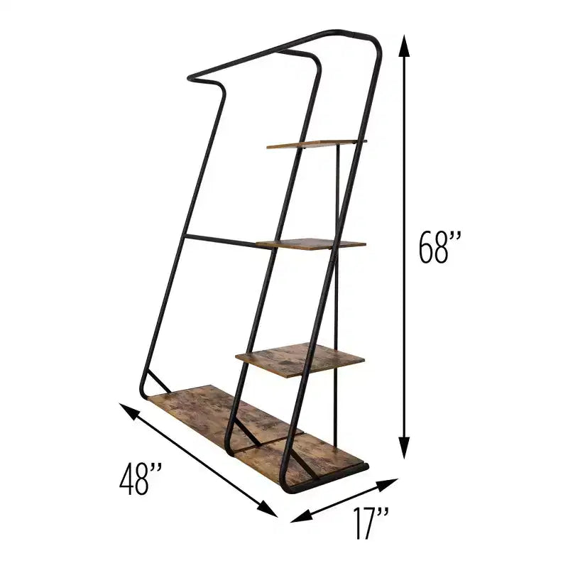 Rustic Z-Frame Wardrobe Racks Brown: Steel Garment & Clothing Rack, Freestanding Closet with 5 Shelves