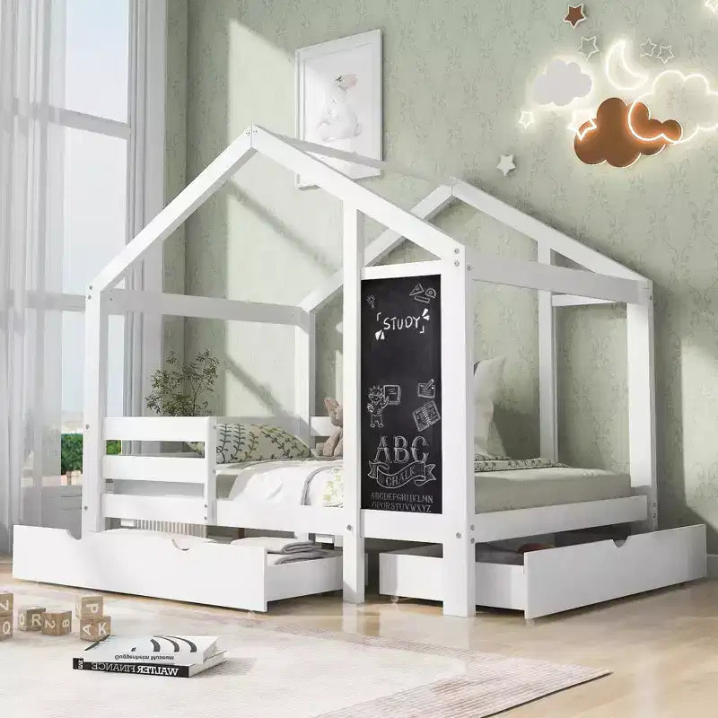 Bellemave Twin/Full House Bed with Blackboard and Storage Drawers, Convertible Kids Play and Sleep Loft Bed, White
