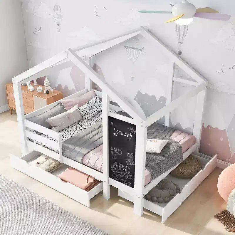 Twin/Full House Bed with Blackboard and Storage Drawers, Convertible Kids Play and Sleep Loft Bed, White