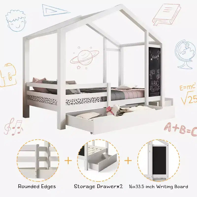 Twin/Full House Bed with Blackboard and Storage Drawers, Convertible Kids Play and Sleep Loft Bed, White