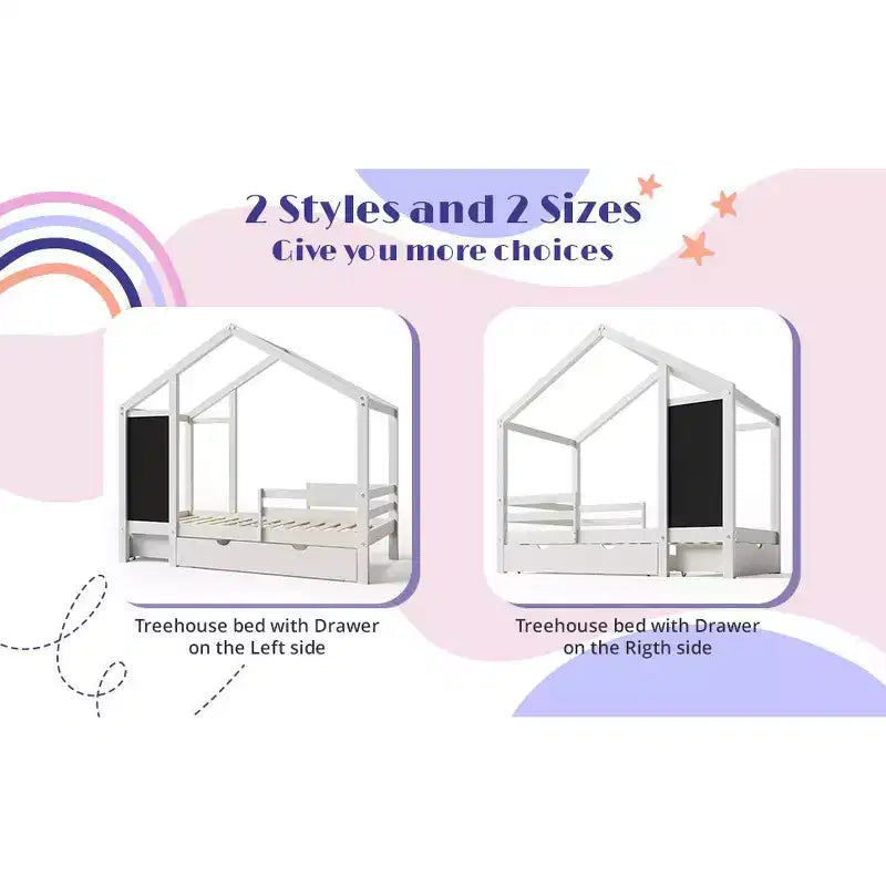 Twin/Full House Bed with Blackboard and Storage Drawers, Convertible Kids Play and Sleep Loft Bed, White