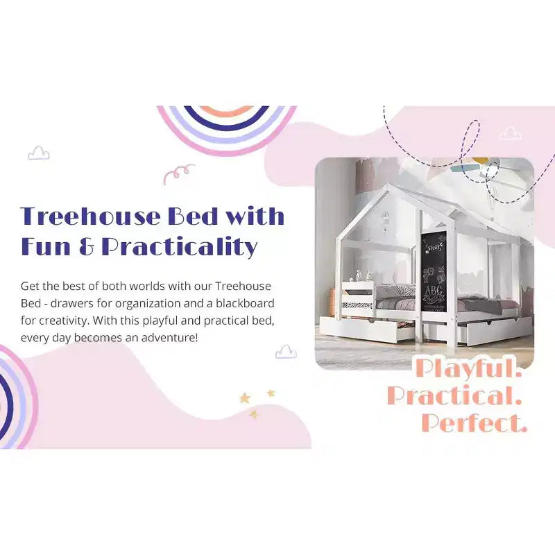Twin/Full House Bed with Blackboard and Storage Drawers, Convertible Kids Play and Sleep Loft Bed, White