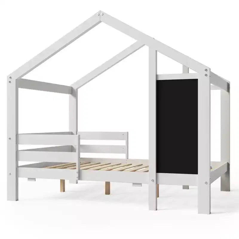 Twin/Full House Bed with Blackboard and Storage Drawers, Convertible Kids Play and Sleep Loft Bed, White