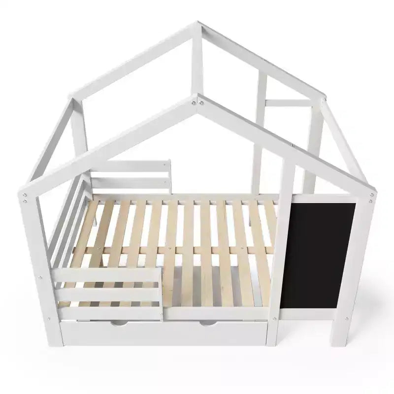Twin/Full House Bed with Blackboard and Storage Drawers, Convertible Kids Play and Sleep Loft Bed, White