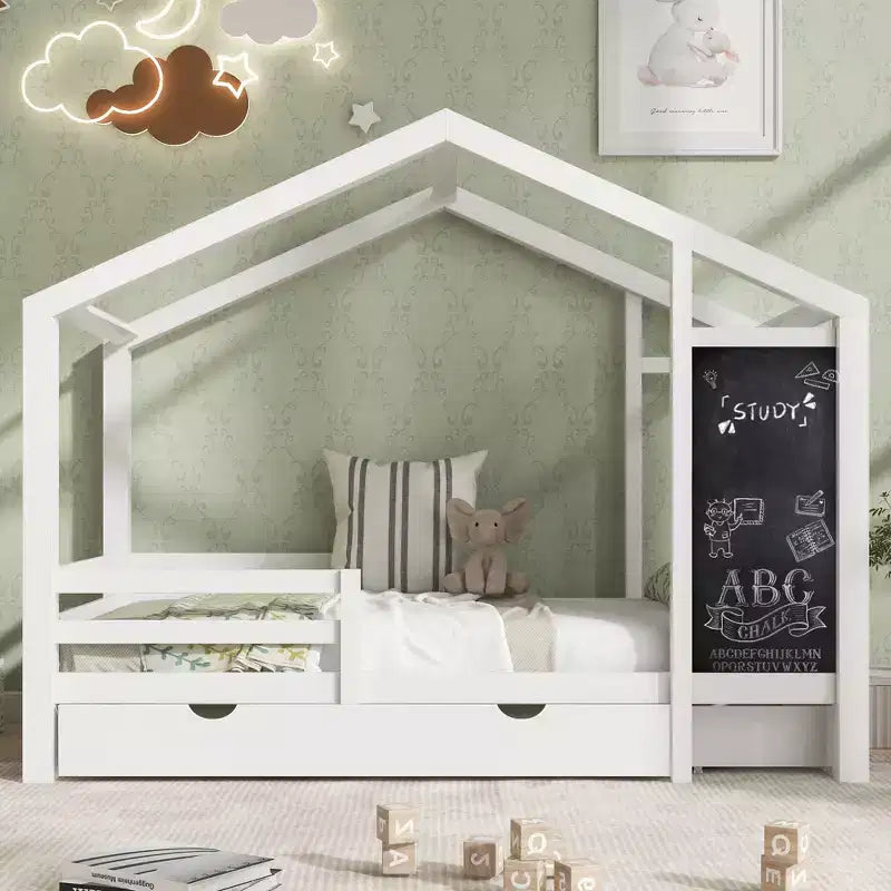 Twin/Full House Bed with Blackboard and Storage Drawers, Convertible Kids Play and Sleep Loft Bed, White