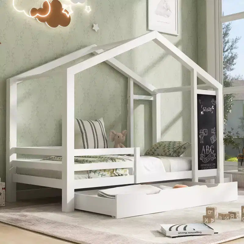 Twin/Full House Bed with Blackboard and Storage Drawers, Convertible Kids Play and Sleep Loft Bed, White