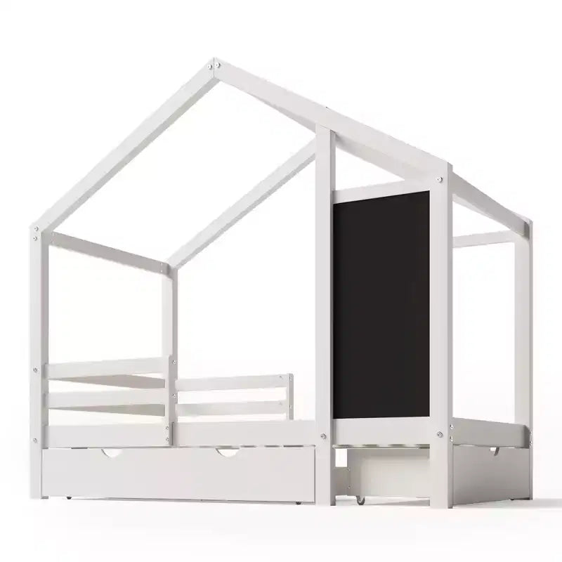 Twin/Full House Bed with Blackboard and Storage Drawers, Convertible Kids Play and Sleep Loft Bed, White