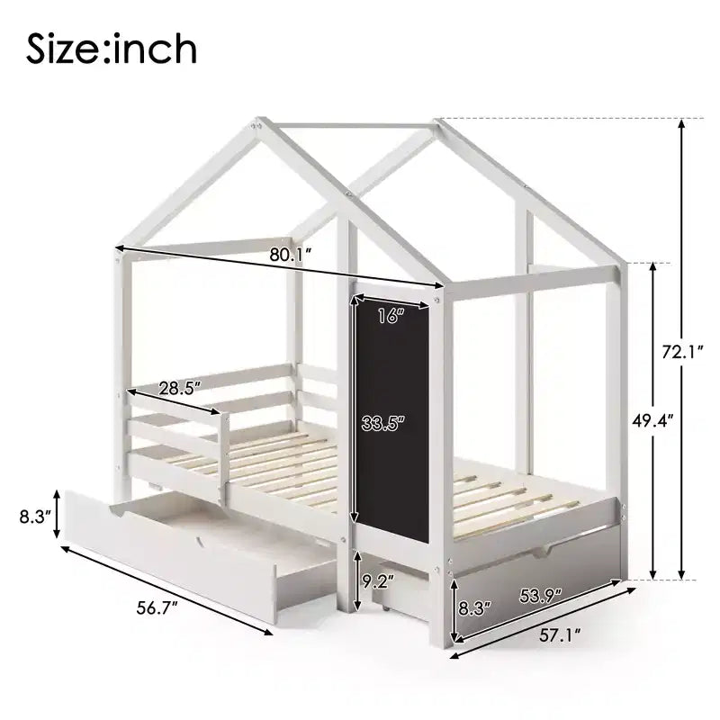 Twin/Full House Bed with Blackboard and Storage Drawers, Convertible Kids Play and Sleep Loft Bed, White
