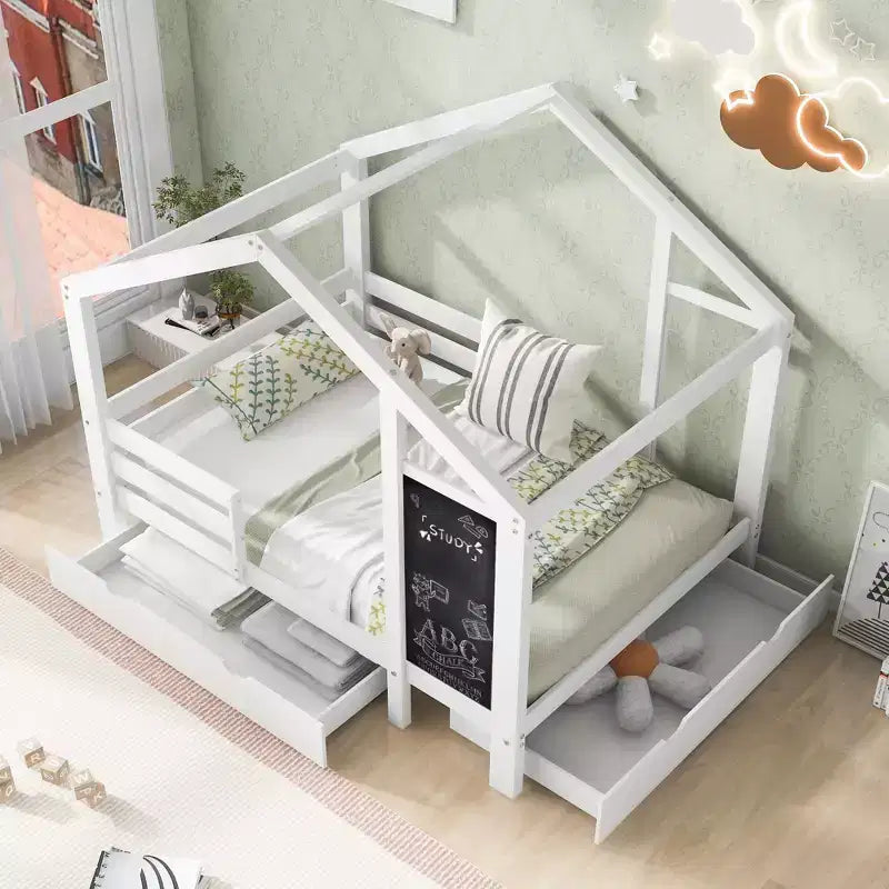Twin/Full House Bed with Blackboard and Storage Drawers, Convertible Kids Play and Sleep Loft Bed, White