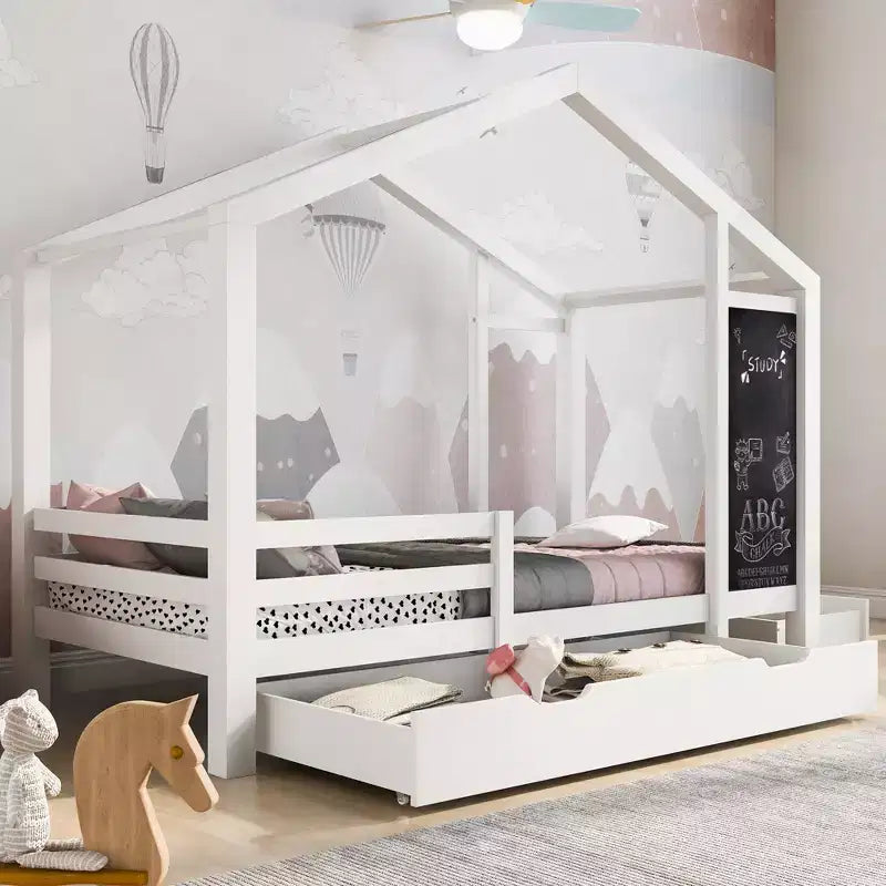 Twin/Full House Bed with Blackboard and Storage Drawers, Convertible Kids Play and Sleep Loft Bed, White