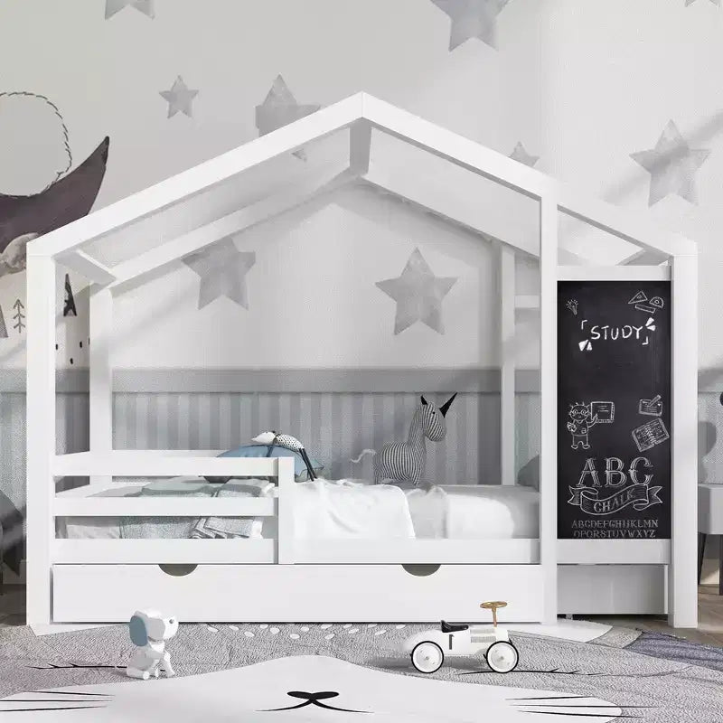 Twin/Full House Bed with Blackboard and Storage Drawers, Convertible Kids Play and Sleep Loft Bed, White
