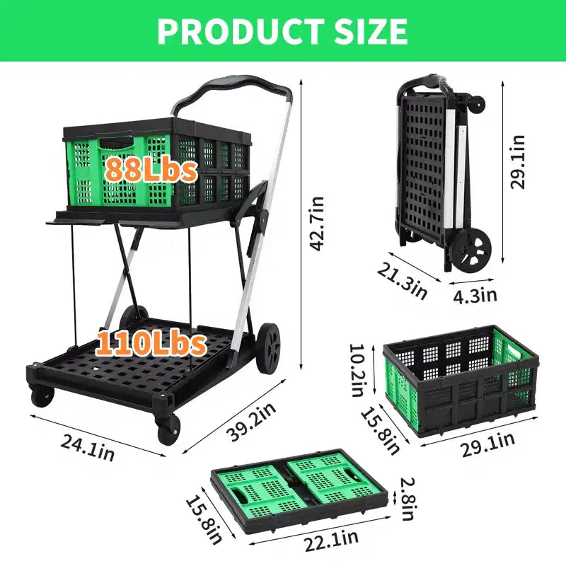 Cart, foldable shopping cart, detachable storage box, multi-purpose mobile storage cart, suitable for home, kitchen, supermarket