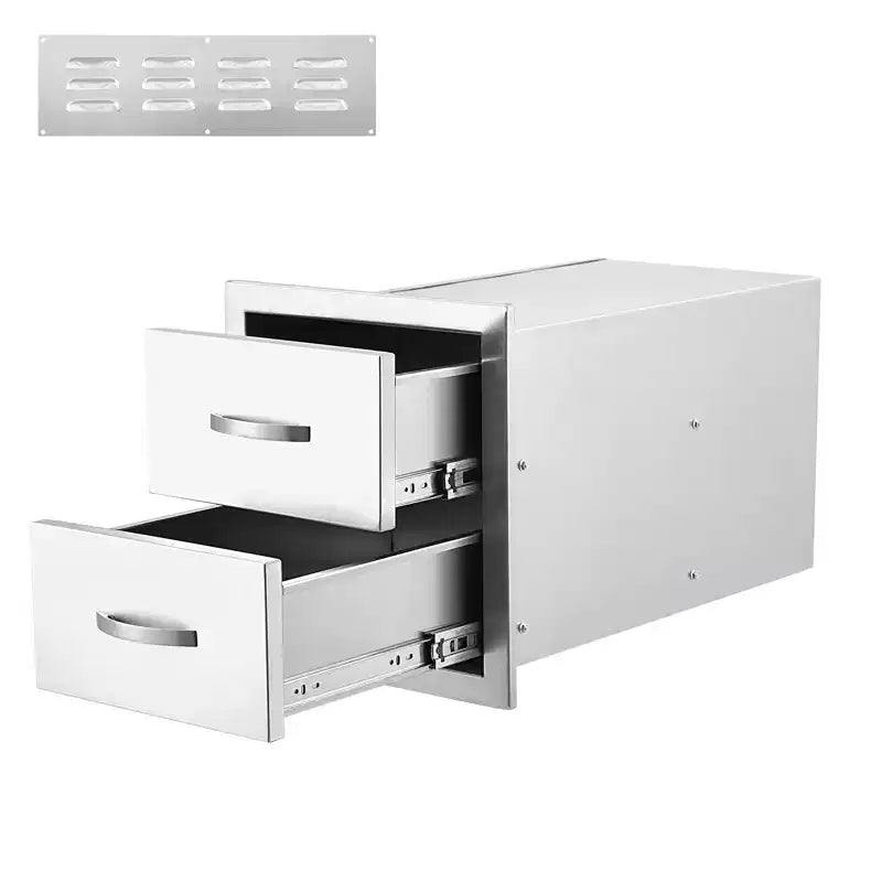 Outdoor Kitchen Drawers, 17.8W x 20.2H x 12.2D Inch, Flush Mount Double BBQ Drawer, Stainless Steel BBQ Island w/Handle, for Outdoor Kitchens Patio