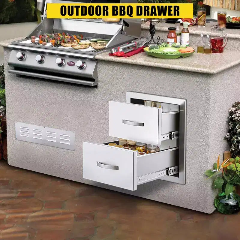 Outdoor Kitchen Drawers, 17.8W x 20.2H x 12.2D Inch, Flush Mount Double BBQ Drawer, Stainless Steel BBQ Island w/Handle, for Outdoor Kitchens Patio