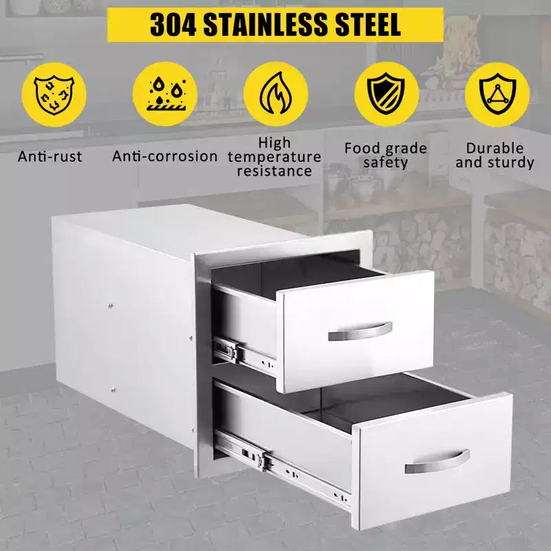 Outdoor Kitchen Drawers, 17.8W x 20.2H x 12.2D Inch, Flush Mount Double BBQ Drawer, Stainless Steel BBQ Island w/Handle, for Outdoor Kitchens Patio