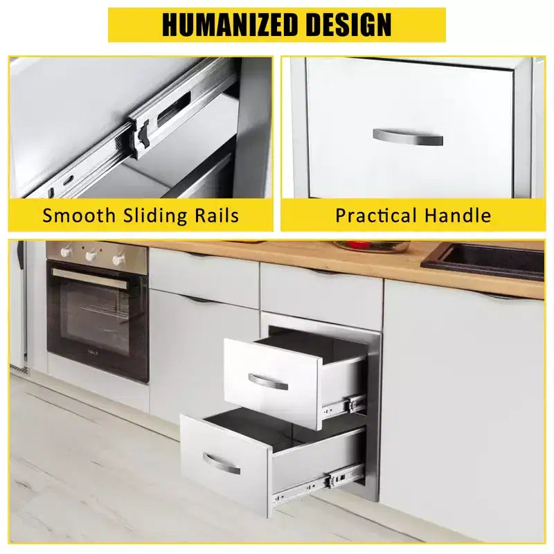 Outdoor Kitchen Drawers, 17.8W x 20.2H x 12.2D Inch, Flush Mount Double BBQ Drawer, Stainless Steel BBQ Island w/Handle, for Outdoor Kitchens Patio