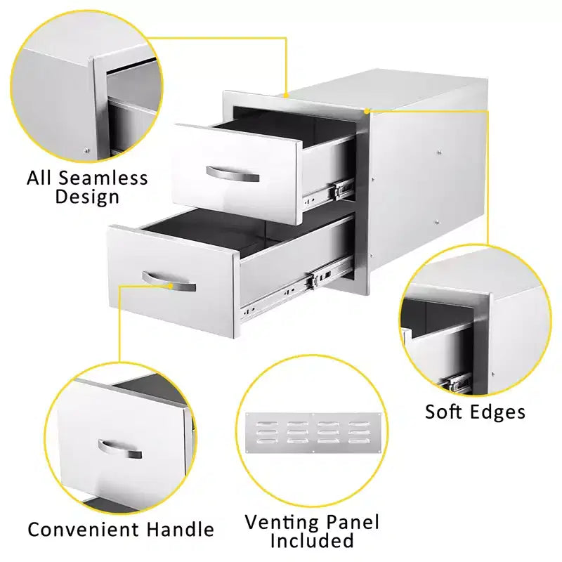 Outdoor Kitchen Drawers, 17.8W x 20.2H x 12.2D Inch, Flush Mount Double BBQ Drawer, Stainless Steel BBQ Island w/Handle, for Outdoor Kitchens Patio