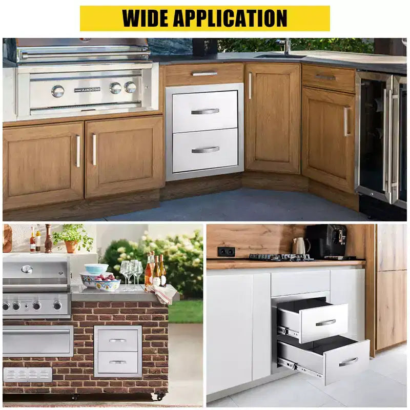 Outdoor Kitchen Drawers, 17.8W x 20.2H x 12.2D Inch, Flush Mount Double BBQ Drawer, Stainless Steel BBQ Island w/Handle, for Outdoor Kitchens Patio