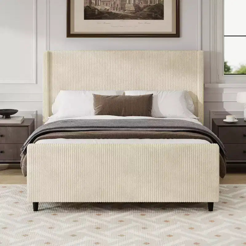 Bellemave headboard Corduroy Upholstered Bed Frame with Vertical Stripe Wingback and High Footboard No Box Spring Needed, King Size, Beige