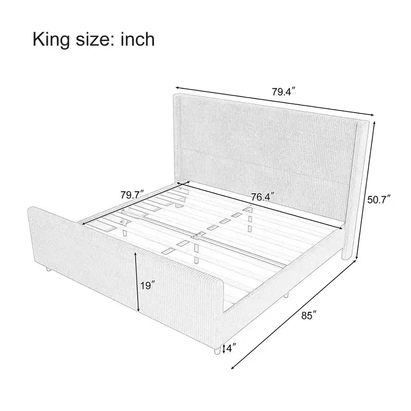 headboard Corduroy Upholstered Bed Frame with Vertical Stripe Wingback and High Footboard No Box Spring Needed, King Size, Beige