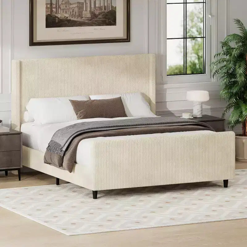 headboard Corduroy Upholstered Bed Frame with Vertical Stripe Wingback and High Footboard No Box Spring Needed, King Size, Beige