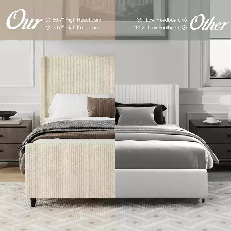 headboard Corduroy Upholstered Bed Frame with Vertical Stripe Wingback and High Footboard No Box Spring Needed, King Size, Beige