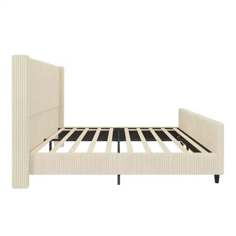 headboard Corduroy Upholstered Bed Frame with Vertical Stripe Wingback and High Footboard No Box Spring Needed, King Size, Beige