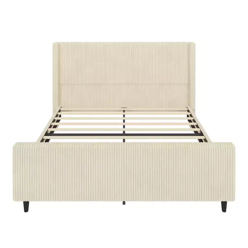 headboard Corduroy Upholstered Bed Frame with Vertical Stripe Wingback and High Footboard No Box Spring Needed, King Size, Beige