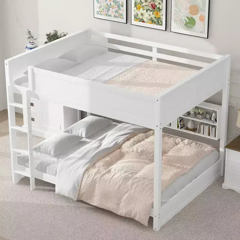Bellemave Queen over Queen Bunk Bed with Storage Cabinets and USB Ports, White