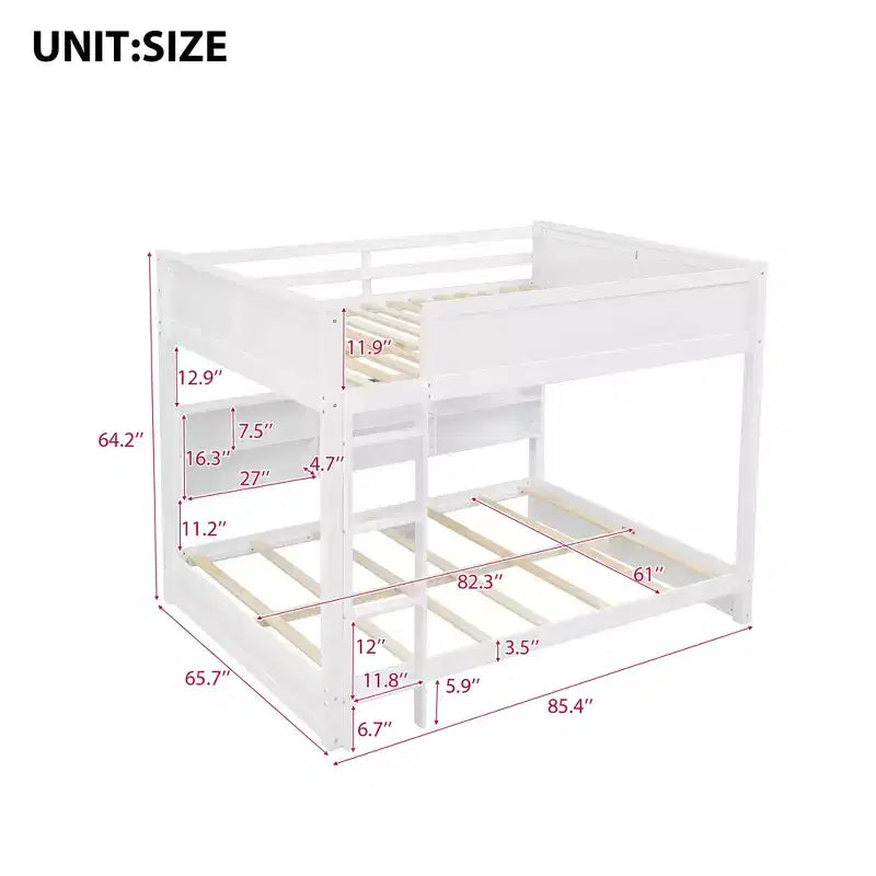 Queen over Queen Bunk Bed with Storage Cabinets and USB Ports, White