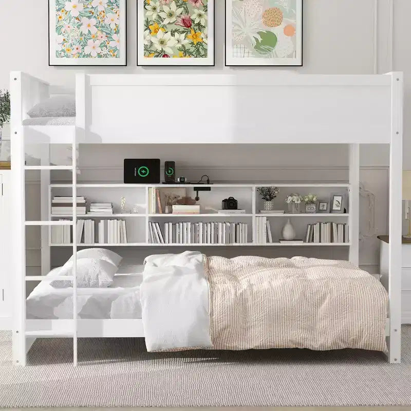 Queen over Queen Bunk Bed with Storage Cabinets and USB Ports, White
