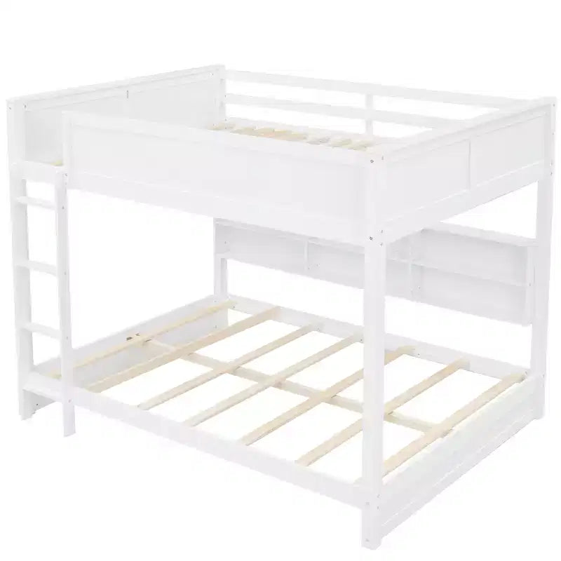 Queen over Queen Bunk Bed with Storage Cabinets and USB Ports, White