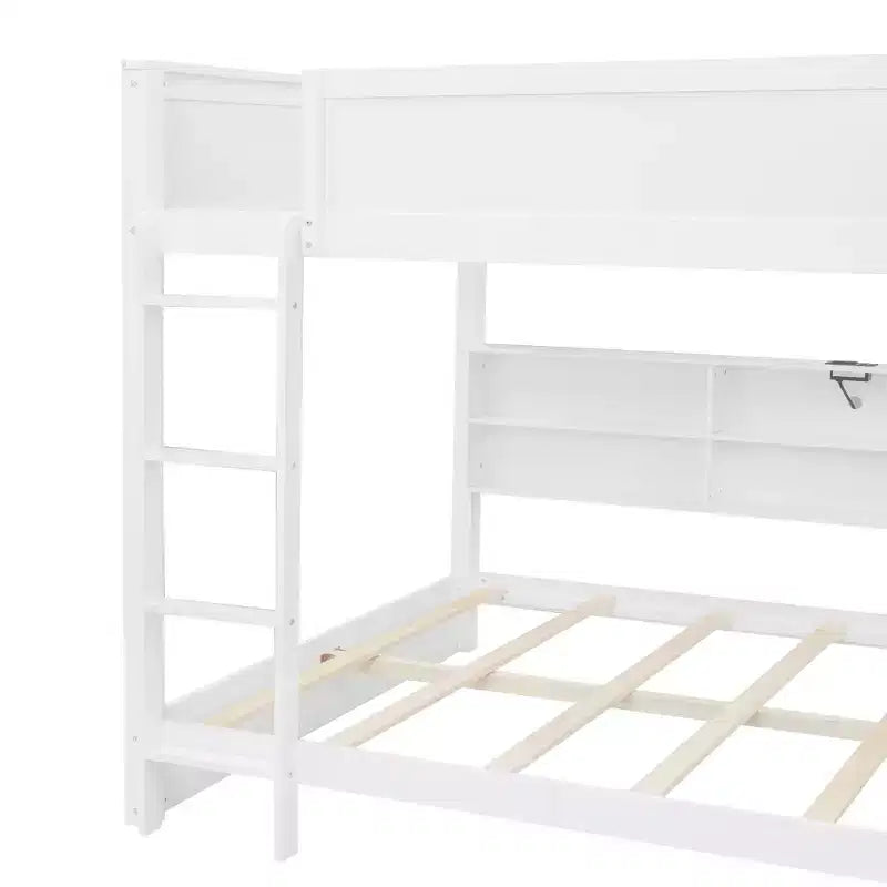 Queen over Queen Bunk Bed with Storage Cabinets and USB Ports, White