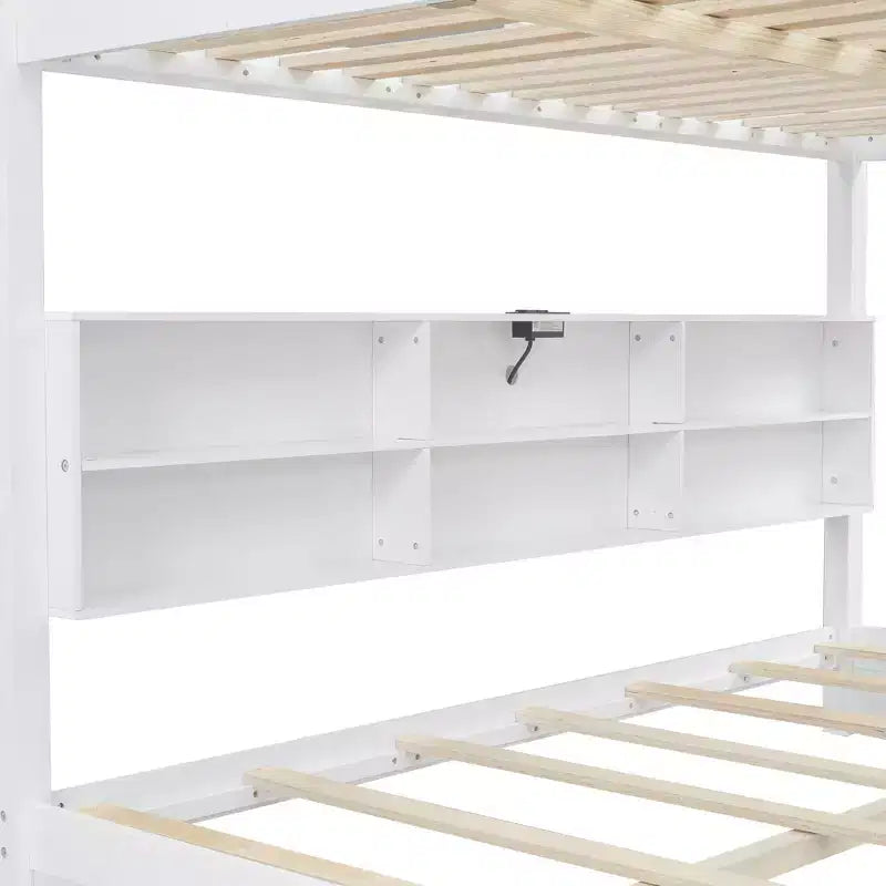 Queen over Queen Bunk Bed with Storage Cabinets and USB Ports, White