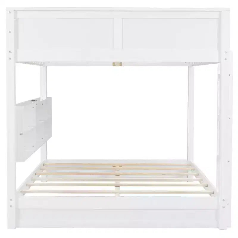 Queen over Queen Bunk Bed with Storage Cabinets and USB Ports, White