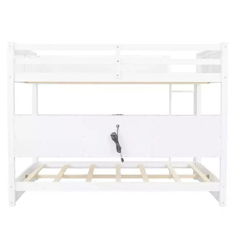 Queen over Queen Bunk Bed with Storage Cabinets and USB Ports, White