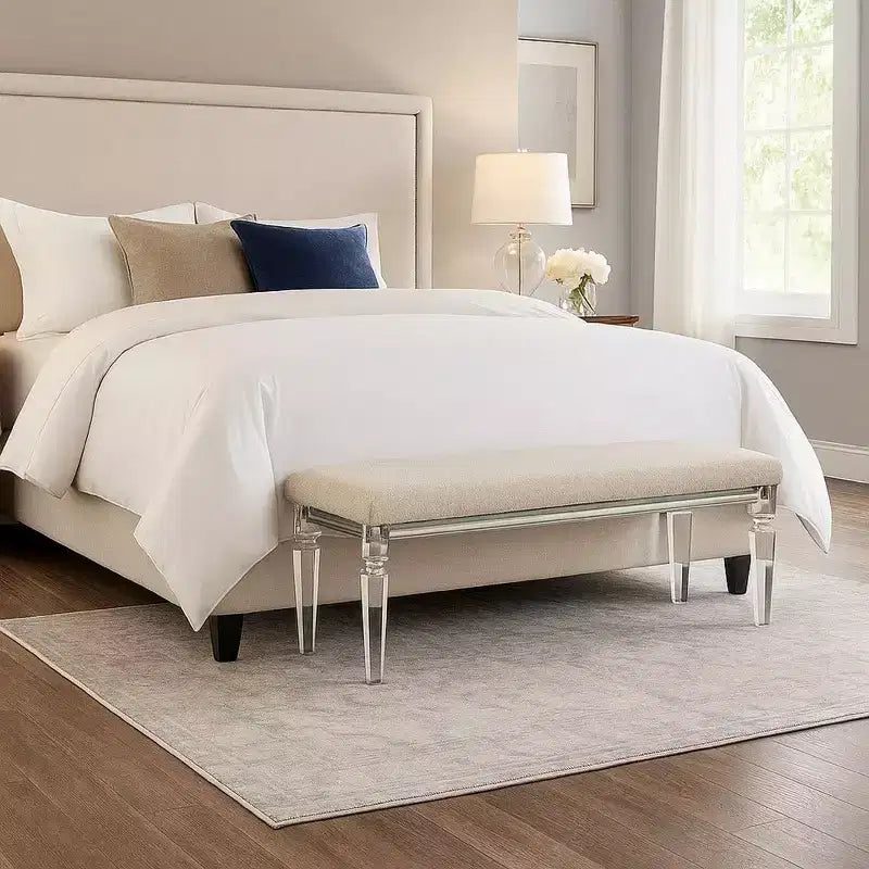 Royal Hampton Bench, Beige Padded Seat, 54 Inch Clear Tapered Acrylic Legs