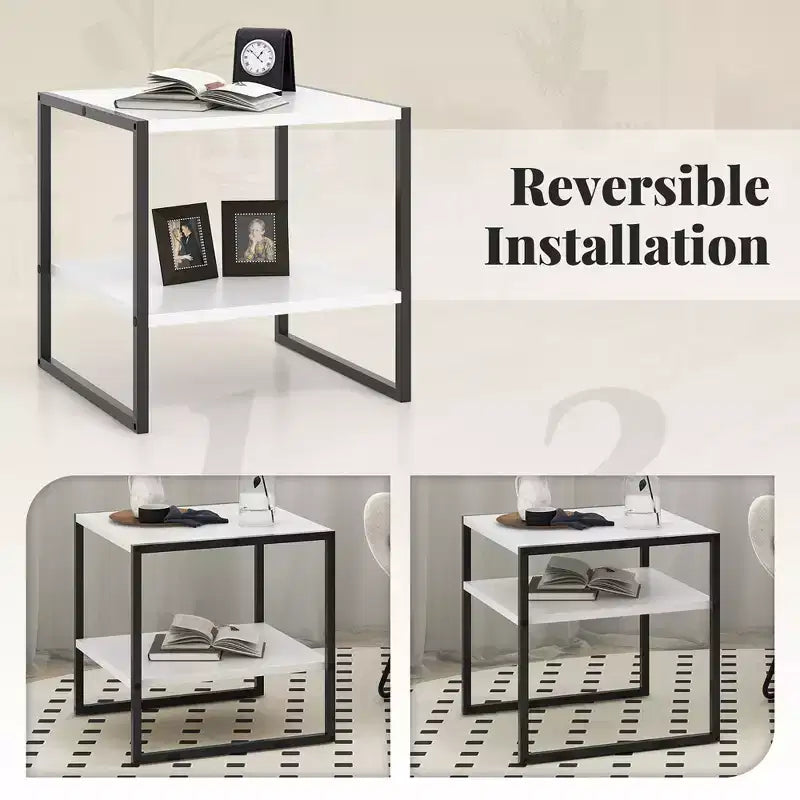 20 2-Tier End Table w/ Storage Shelf Reversible Design for Living Room