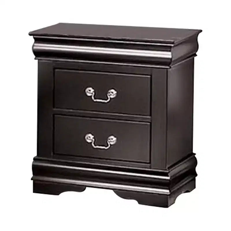 Royal Hampton Nightstand, 2 Drawers, Black Solid Wood, Nickel Metal Drop Handles