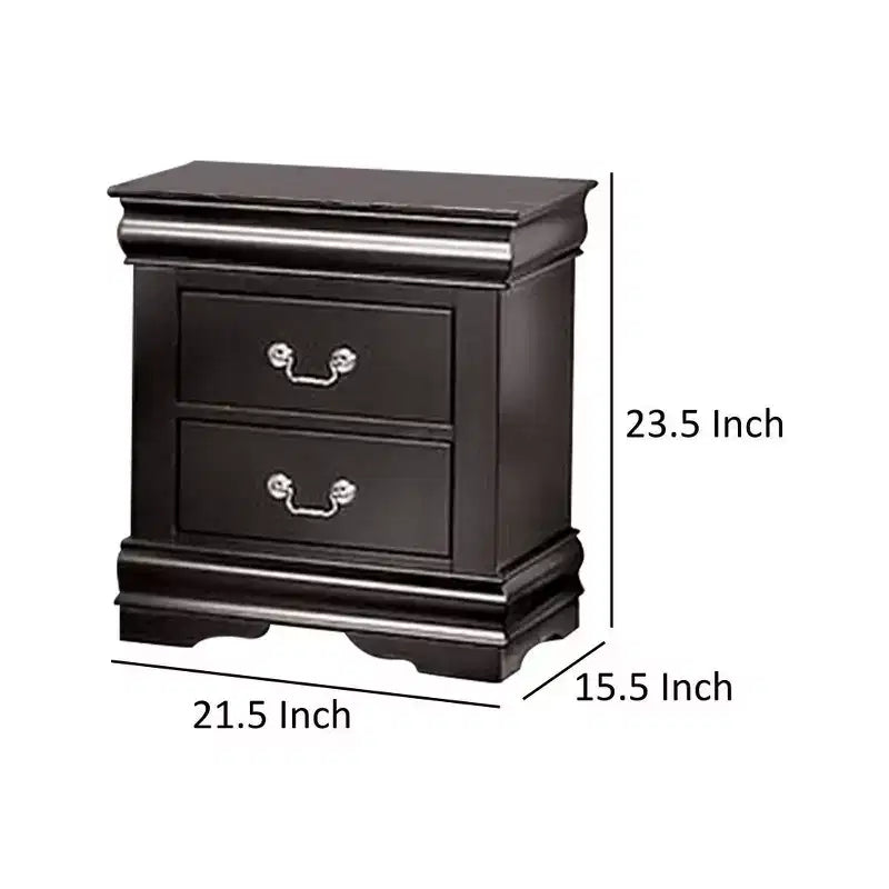 Royal Hampton Nightstand, 2 Drawers, Black Solid Wood, Nickel Metal Drop Handles
