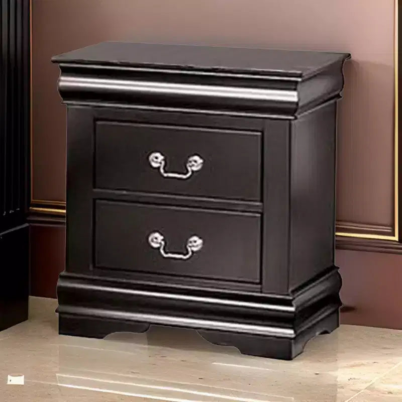 Royal Hampton Nightstand, 2 Drawers, Black Solid Wood, Nickel Metal Drop Handles