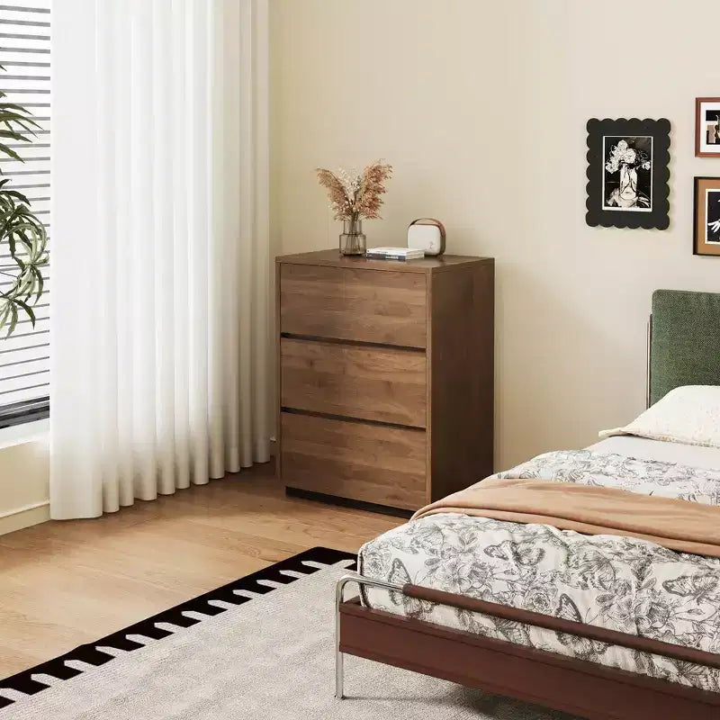 Modern 3-Drawer Dresser, Wooden Storage Cabinet with Ample Space, Minimalist Bedroom Chest Walnut Color