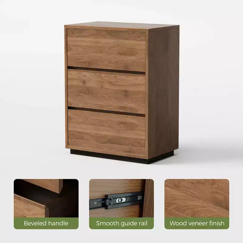 Modern 3-Drawer Dresser, Wooden Storage Cabinet with Ample Space, Minimalist Bedroom Chest Walnut Color