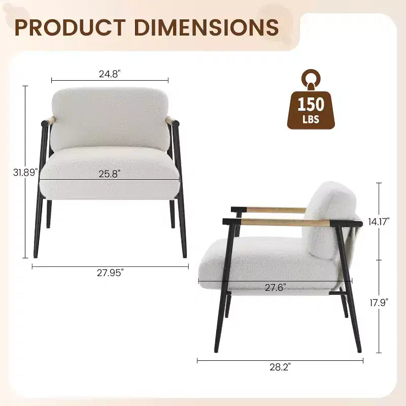 Comfy Chair, Modern Accent Chair with Metal Frame, Cozy Reading Chair with Soft Cushion & Wood Armrest for Bedroom, Living Room