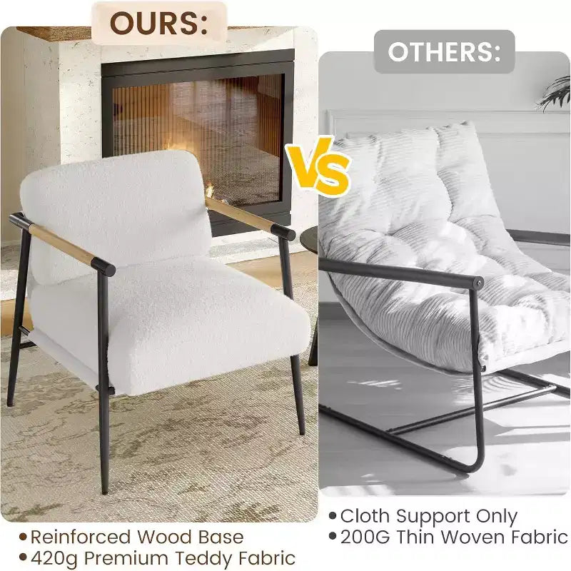 Comfy Chair, Modern Accent Chair with Metal Frame, Cozy Reading Chair with Soft Cushion & Wood Armrest for Bedroom, Living Room