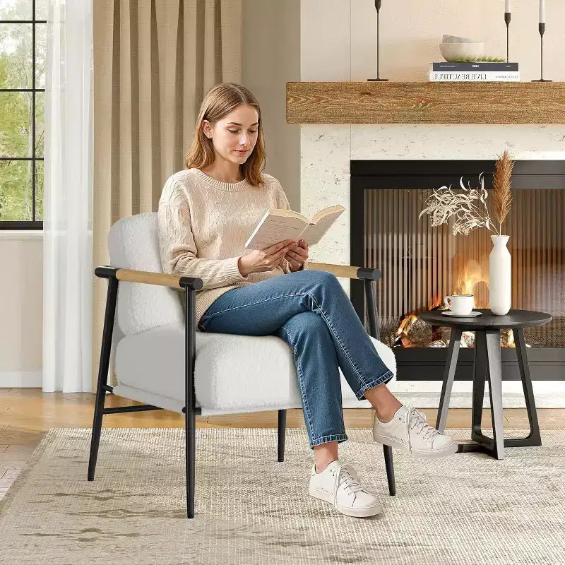Comfy Chair, Modern Accent Chair with Metal Frame, Cozy Reading Chair with Soft Cushion & Wood Armrest for Bedroom, Living Room